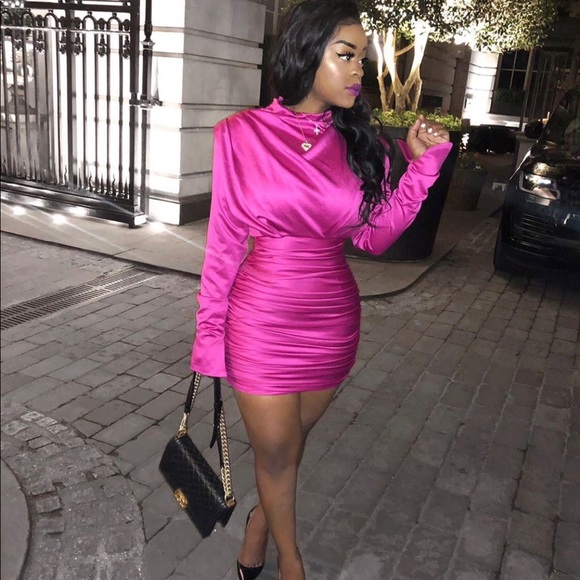 hot pink satin draped mini dress